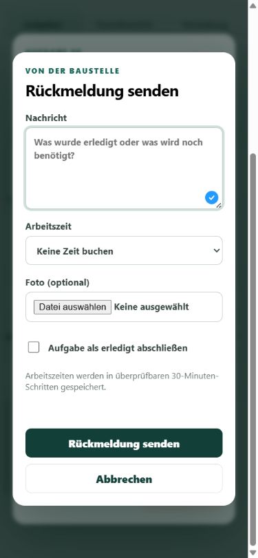 Formular für Rückmeldung, Arbeitszeit, Foto und Abschluss